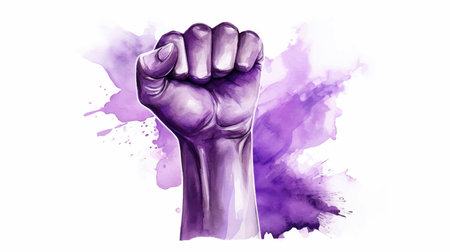 Fist on a background of purple watercolor splashes. Vector illustration.のイラスト素材