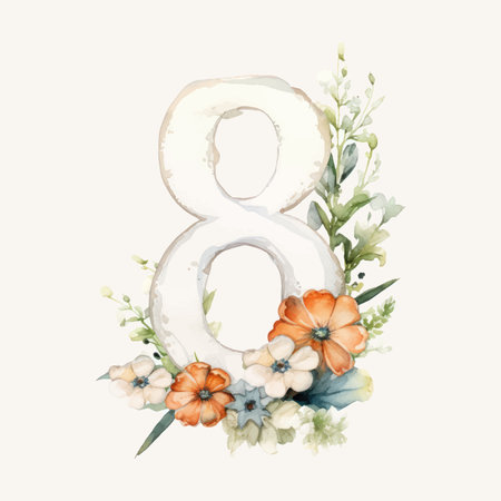 Beautiful vector card with watercolor flowers and number eight. Illustrationのイラスト素材