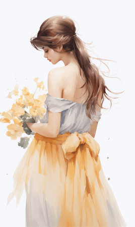 portrait of a beautiful girl with a bouquet of yellow flowersのイラスト素材