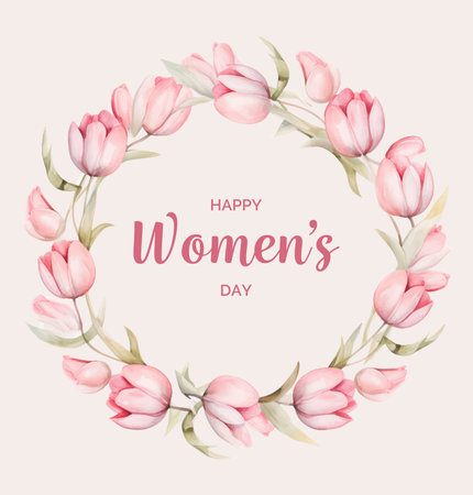 Happy Women's Day greeting card with watercolor pink tulips wreath.のイラスト素材
