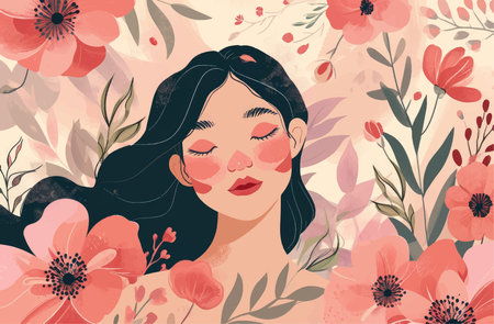 Beautiful young woman with pink flowers and leaves. Vector illustration.のイラスト素材