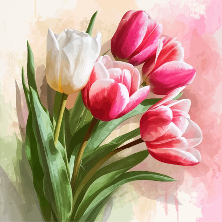 Bouquet of pink and white tulips on watercolor backgroundのイラスト素材