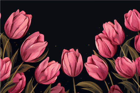 Seamless pattern with pink tulips on black background. Vector illustration.のイラスト素材