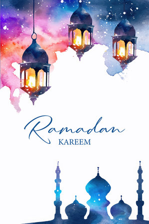 Ramadan Kareem greeting card with watercolor mosque and lanternsのイラスト素材