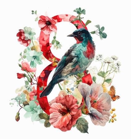 Watercolor illustration of red number eight with bird and flowers on white backgroundのイラスト素材