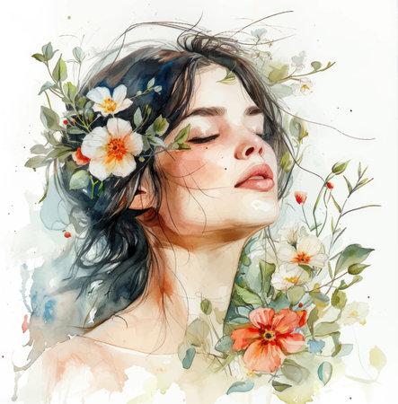 Watercolor portrait of a young beautiful woman with flowers in her hairの写真素材