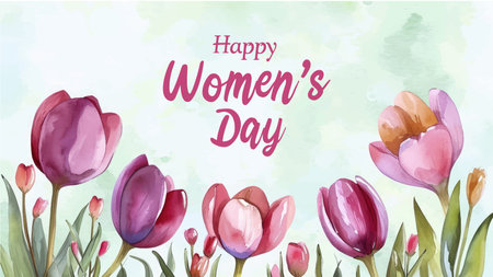 Happy Women's Day card with watercolor tulips. Vector illustration.のイラスト素材