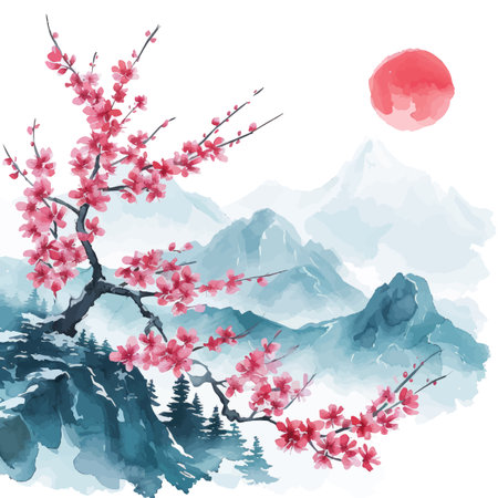 Watercolor sakura blossom with mountain background, vector illustration.のイラスト素材