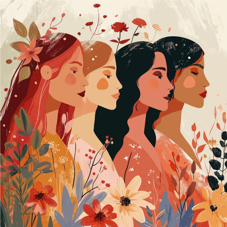 Vector illustration of a group of women with flowers in their hair.のイラスト素材
