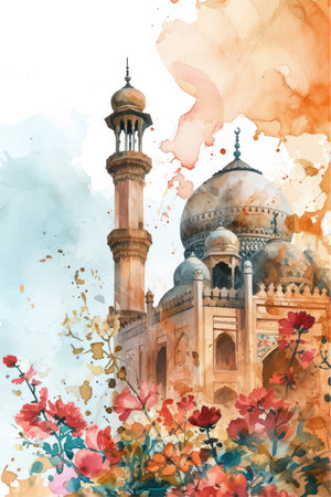 Watercolor illustration of Ramadan Kareemの写真素材