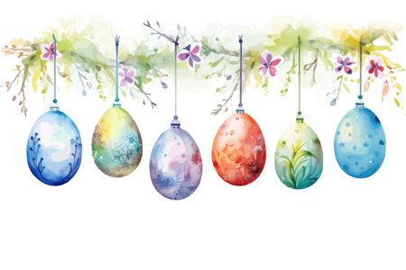 Watercolor Easter background with eggs, branches, flowers and leaves.のイラスト素材