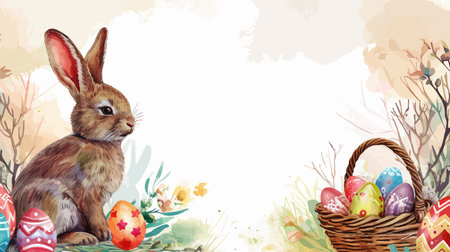 Easter background with bunny, basket and eggs. Watercolor illustrationのイラスト素材