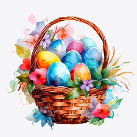 Easter basket with colorful eggs and flowers. Watercolor illustration.のイラスト素材
