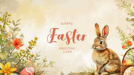 Easter greeting card with rabbit, eggs and spring flowers. Vector illustration.のイラスト素材