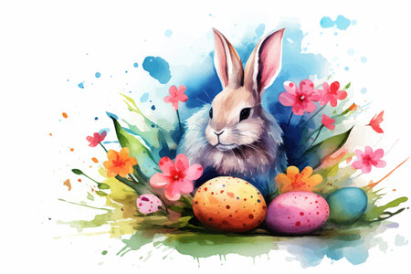 Easter bunny with colored eggs and flowers. Watercolor illustration.のイラスト素材