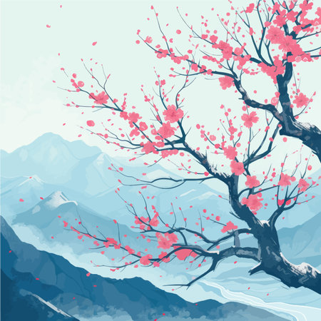 Vector illustration of cherry blossom tree in Himalayas, Nepalのイラスト素材