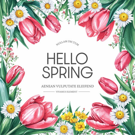 Tulip flowers and chamomile frame. Floral vector illustration.のイラスト素材