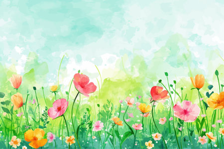 Spring meadow with poppies and flowers. Vector illustration.のイラスト素材