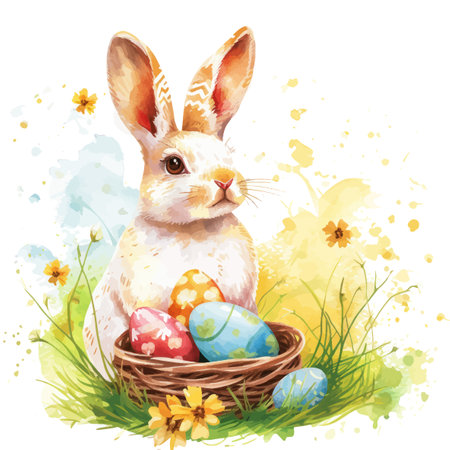 Easter bunny with basket of painted eggs. Watercolor illustration.のイラスト素材
