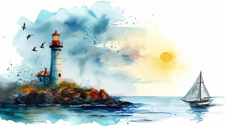 Lighthouse on the seashore. Hand drawn watercolor illustrationのイラスト素材