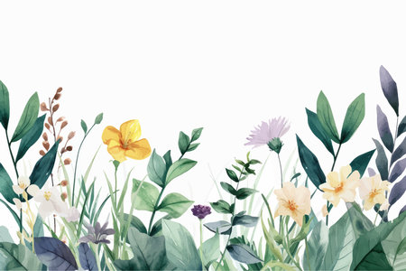 Watercolor floral border with wildflowers and leaves on white backgroundのイラスト素材