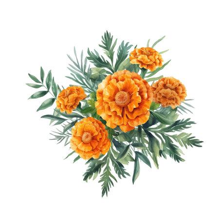 Watercolor bouquet of orange marigold flowers with green leaves isolated on white backgroundのイラスト素材
