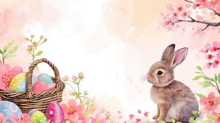 Easter bunny with basket of eggs and flowers. Watercolor painting.のイラスト素材