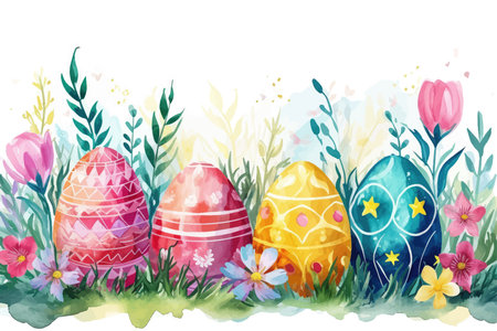 Easter background with eggs, flowers and grass. Vector illustration.のイラスト素材