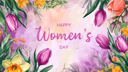 Happy Women's Day card with spring flowers. Vector watercolor illustration.のイラスト素材