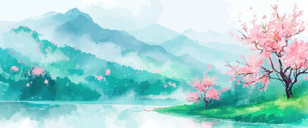 Watercolor spring landscape with cherry blossom tree and lake. Vector illustration.のイラスト素材