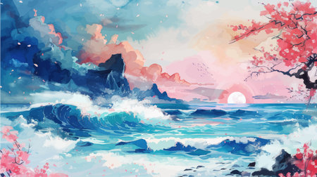Beautiful seascape. Watercolor painting. Vector illustration.のイラスト素材