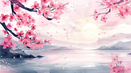 Cherry blossom sakura New Year's card background watercolorのイラスト素材