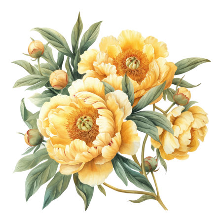 Bouquet of peony flowers with green leaves. Watercolor illustrationのイラスト素材