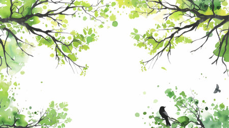 Watercolor background with green leaves and birds. Vector illustration for your designのイラスト素材