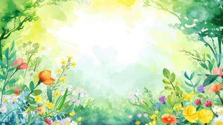 Spring background with flowers and grass. Watercolor style. Vector illustration.のイラスト素材