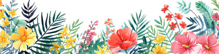 Horizontal banner with tropical flowers and leaves. Floral background.