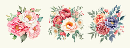 Set of watercolor floral compositions with peonies, roses, eucalyptus, leaves and branches. Hand drawn vector illustration.のイラスト素材