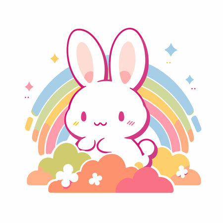 Cute rabbit with rainbow and clouds. Vector illustration in flat style.のイラスト素材
