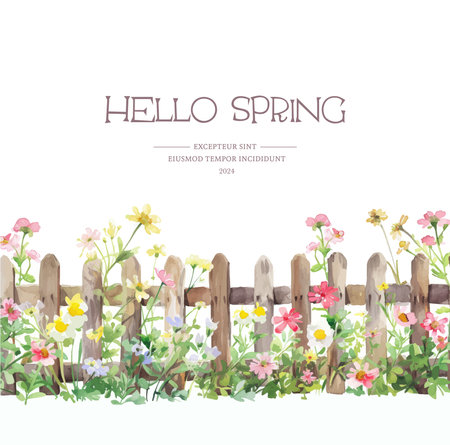 Watercolor spring border with flowers and wooden fence. Vector illustration.のイラスト素材