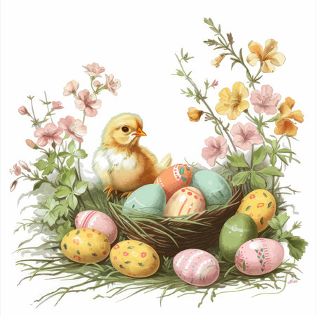 Easter eggs in the nest with chicken and flowers. Watercolor illustrationのイラスト素材