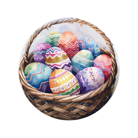Basket with painted Easter eggs isolated on white background. Watercolor illustration.のイラスト素材