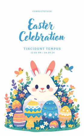 Easter greeting card with cute bunny, eggs and flowers. Vector illustration.のイラスト素材