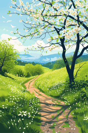 Spring landscape with blooming trees, meadow and road. Vector illustration.のイラスト素材