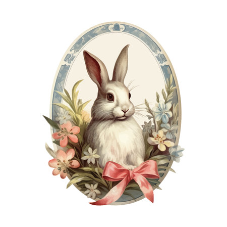 Rabbit with floral frame, watercolor illustration on a white backgroundのイラスト素材