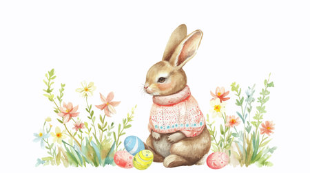 Easter bunny with eggs and flowers. Watercolor hand drawn illustrationのイラスト素材