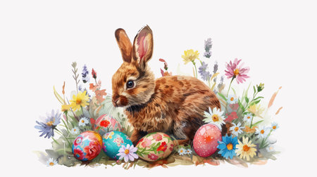 Easter bunny with colorful eggs and flowers on a white background.のイラスト素材