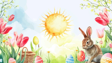 Easter background with spring flowers and bunny. Watercolor illustration.のイラスト素材