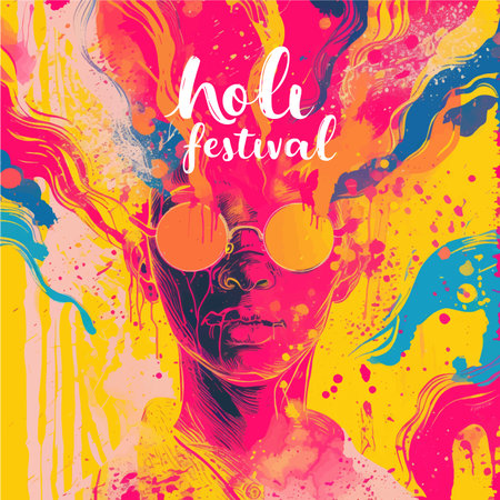 Hand drawn vector abstract fashion illustration with woman face in sunglasses on colorful background.のイラスト素材