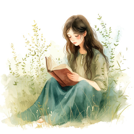 Young woman reading a book in the meadow. Watercolor illustrationのイラスト素材