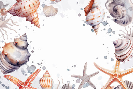 Watercolor marine background with seashells and starfishes.のイラスト素材